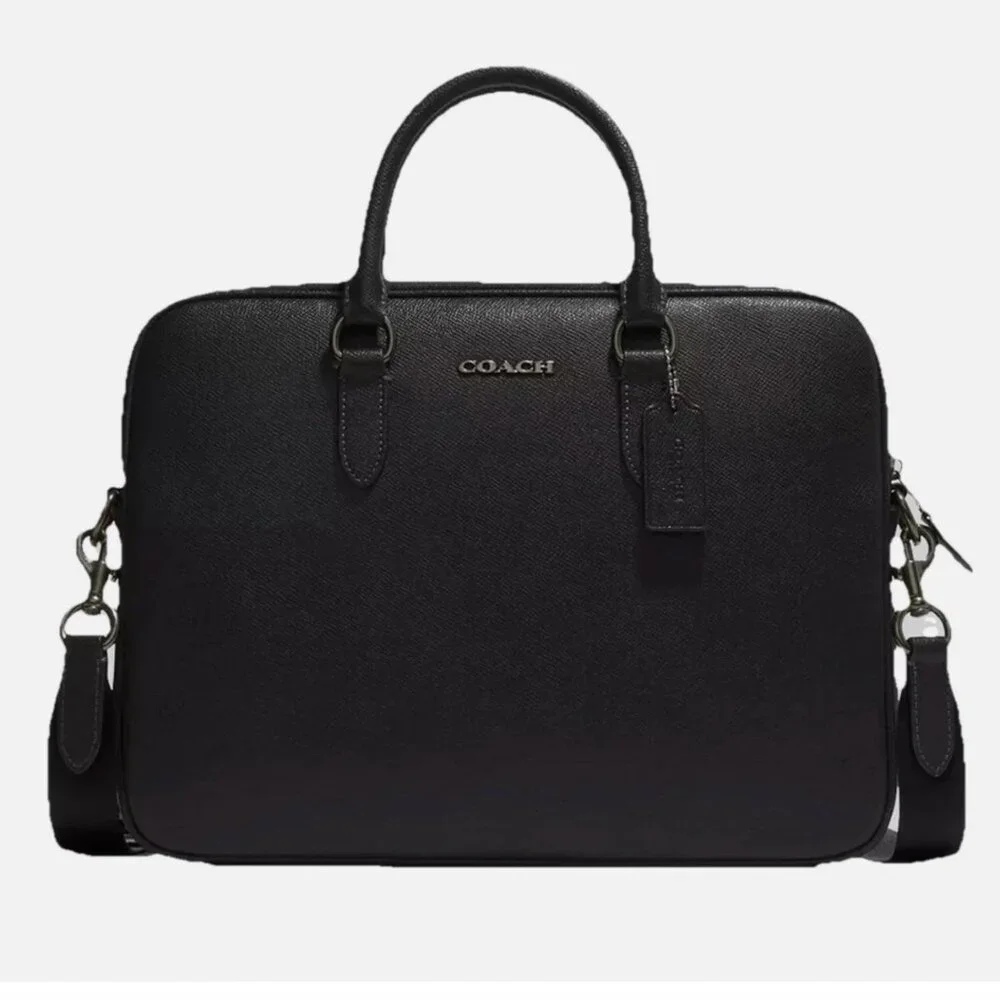 NEW Coach Liam Crossgrain Black Leather Compact Briefcase Small  Laptop Bag $450